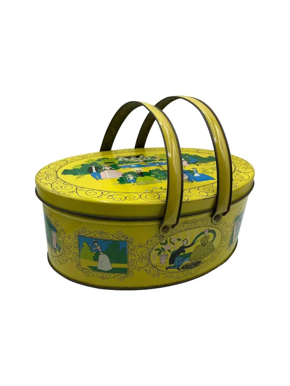 Vintage Yellow Tin Box: Victorian Couples Design, Farmhouse Storage